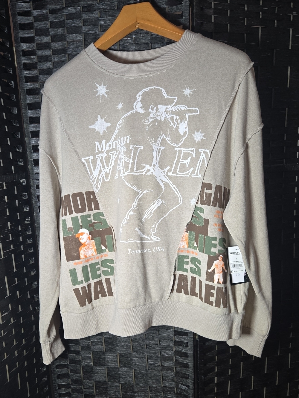 Morgan Wallen Tennessee USA Beige Graphic Crewneck Lies  Sweatshirt L NWT